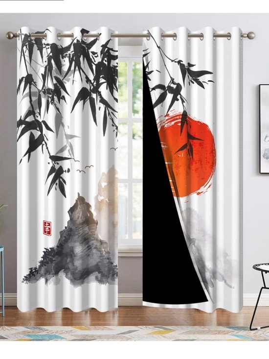 Other - Japanese Ink Painting Curtains - White, Black & Red Sun